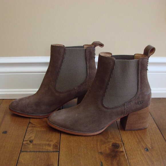 UGG Faye Suede Ankle Boots Booties Brown Leather Suede Chunky Heel Size 10 - Picture 8 of 16
